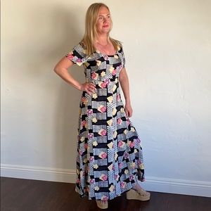 Vintage 90s floral and square pattern maxi dress